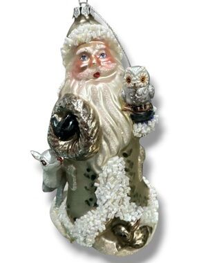 Santa Claus Glass Ornament Detailed Vintage Glitter Reindeer Owl Christmas Tree